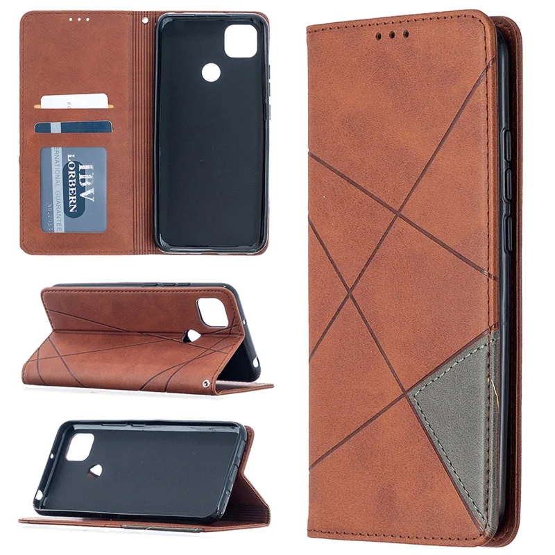 Geometric Pattern Stand Leather with Card Holder Case for Xiaomi Redmi 9C / Redmi 9C NFC - Brown