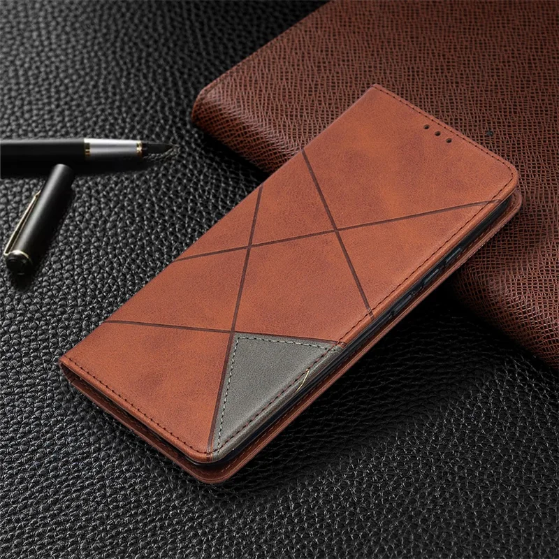 Geometric Pattern Stand Leather with Card Holder Case for Xiaomi Redmi 9C / Redmi 9C NFC - Brown