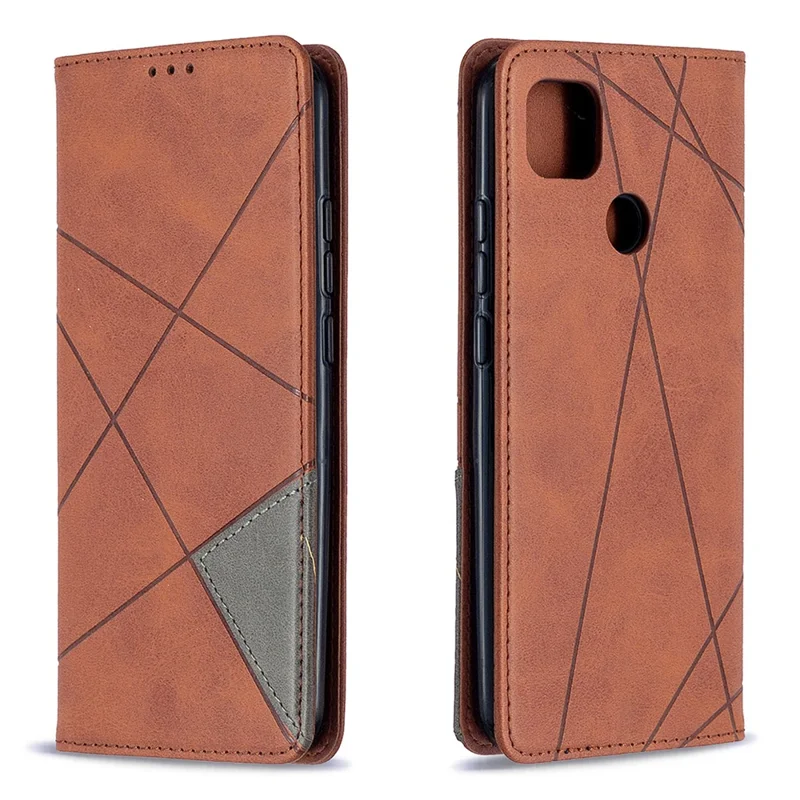 Geometric Pattern Stand Leather with Card Holder Case for Xiaomi Redmi 9C / Redmi 9C NFC - Brown