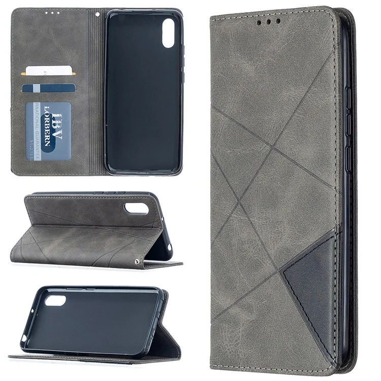 Funda de Piel con Ranuras para Tarjetas con Patrón Geométrico para Xiaomi Redmi 9A - Gris
