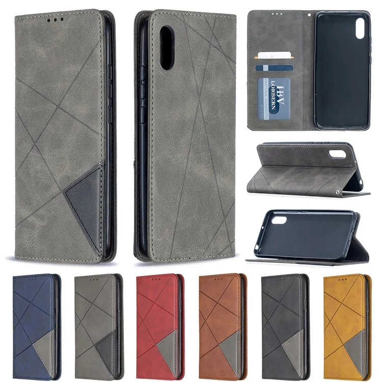 Cuir de Motif Géométrique Avec Coquille de Créneaux de Carte Pour Xiaomi Redmi 9A - Gris