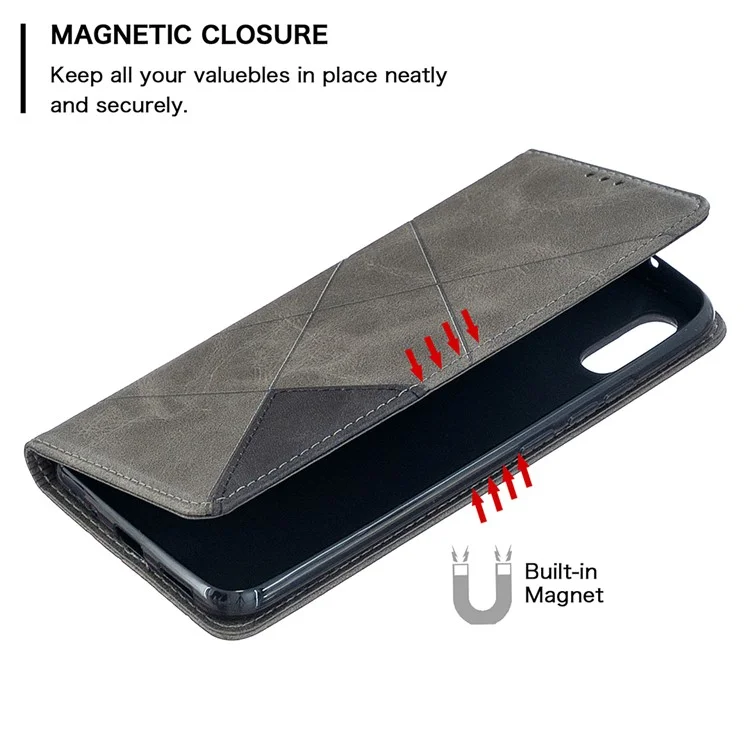 Cuir de Motif Géométrique Avec Coquille de Créneaux de Carte Pour Xiaomi Redmi 9A - Gris