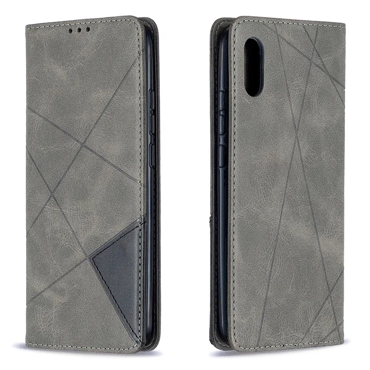 Cuir de Motif Géométrique Avec Coquille de Créneaux de Carte Pour Xiaomi Redmi 9A - Gris