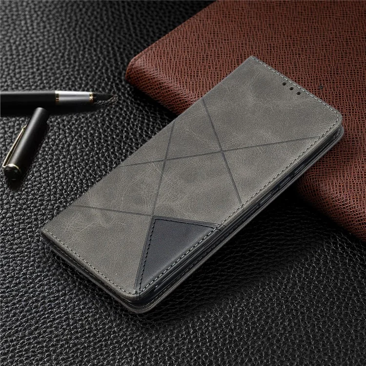 Pelle Geometrica in Pelle Con Slot di Carte Guscio Per Xiaomi Redmi 9a - Grigio