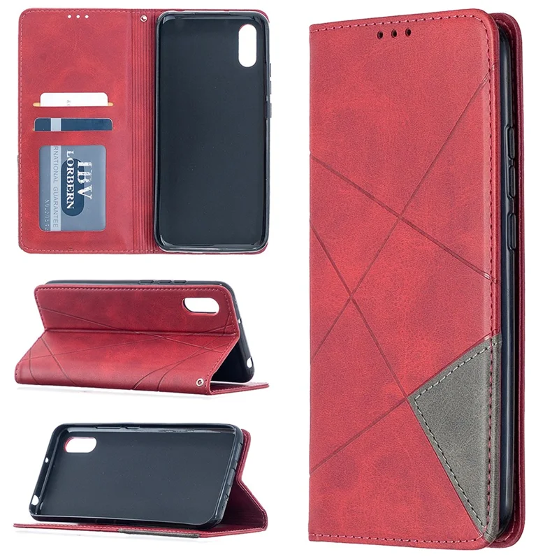 Geometric Pattern Leather with Card Slots Shell for Xiaomi Redmi 9A - Red