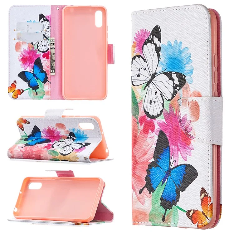 Impresión de Patrones Case Elegante de Cuero de Cuero Para Xiaomi Redmi 9a - Mariposas Vívidas