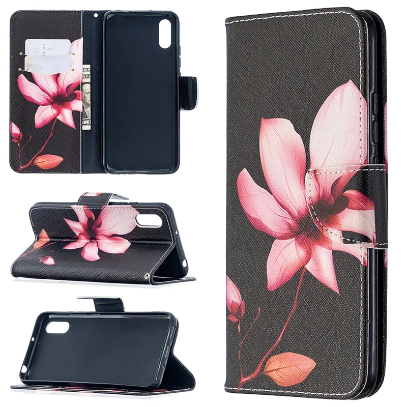 Pattern Printing Wallet Stand Flip Leather Phone Shell for Xiaomi Redmi 9A - Red Flowers