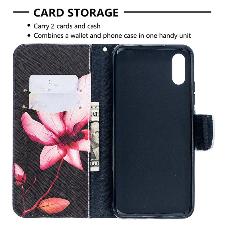 Pattern Printing Wallet Stand Flip Leather Phone Shell for Xiaomi Redmi 9A - Red Flowers