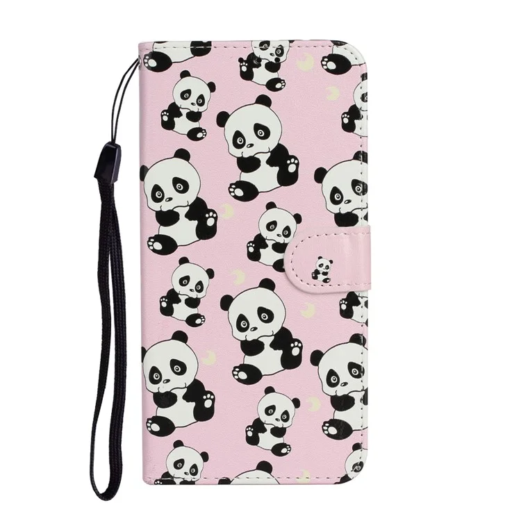 Embossed Patterned Wallet Stand Leather Phone Case with Strap for Xiaomi Redmi 9 - Panda