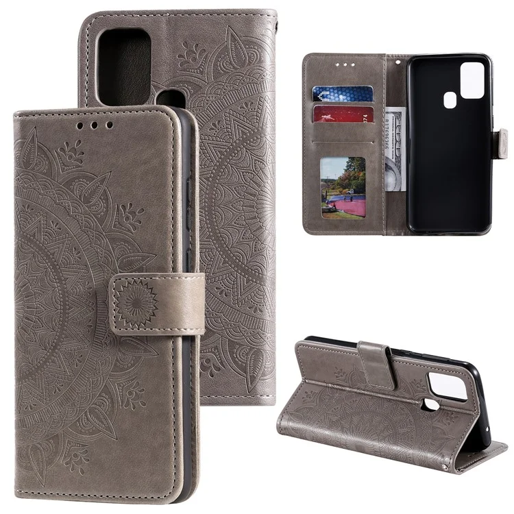 Wallet Stand Design Imprint Flower Leather Shell Cover for Xiaomi Redmi 9C/Redmi 9C NFC - Grey