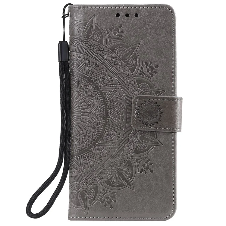 Wallet Stand Design Imprint Flower Leather Shell Cover for Xiaomi Redmi 9C/Redmi 9C NFC - Grey