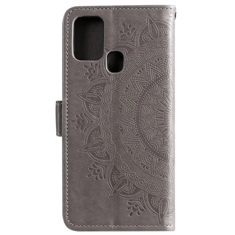 Wallet Stand Design Imprint Flower Leather Shell Cover for Xiaomi Redmi 9C/Redmi 9C NFC - Grey