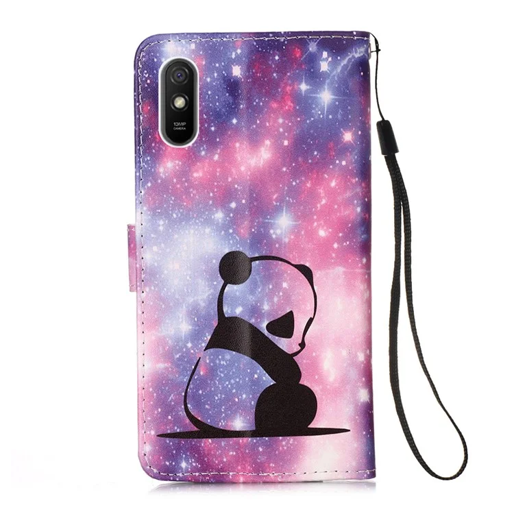 Lederschalen -mode -druckbrieftasche Hülle Mit Lanyard Für Xiaomi Redmi 9A - Trauriger Panda