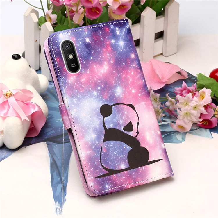 Lederschalen -mode -druckbrieftasche Hülle Mit Lanyard Für Xiaomi Redmi 9A - Trauriger Panda