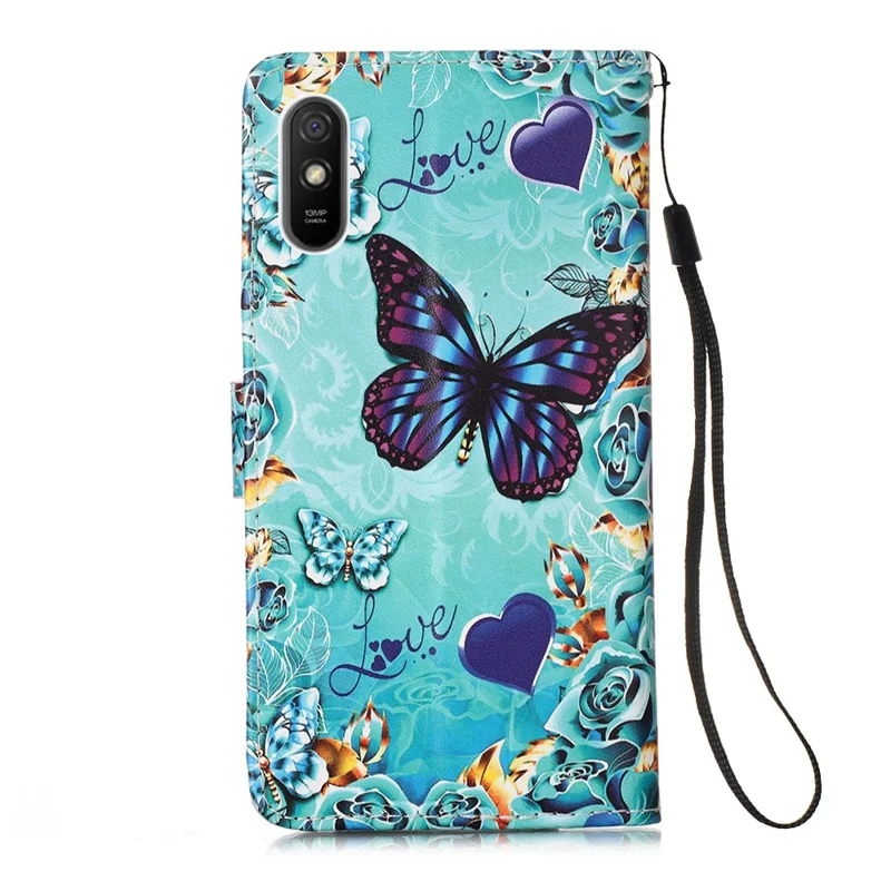 Leather Shell Fashion Printing Wallet Stand Case with Lanyard for Xiaomi Redmi 9A - Blue Butterfly