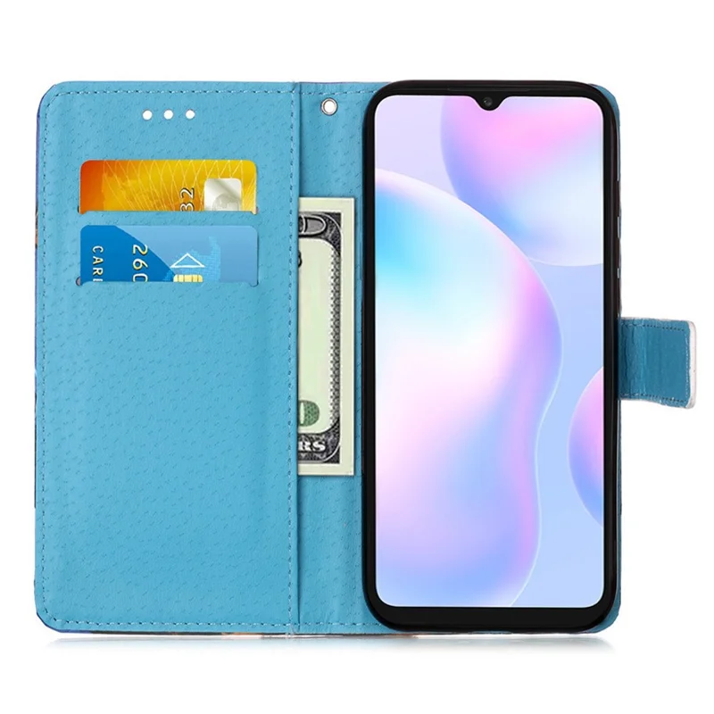 Leather Shell Fashion Printing Wallet Stand Case with Lanyard for Xiaomi Redmi 9A - Blue Butterfly