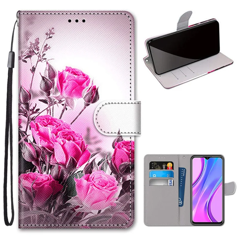 Cross Texture Printing Leather Cover with Strap for Xiaomi Redmi 9 - Flower