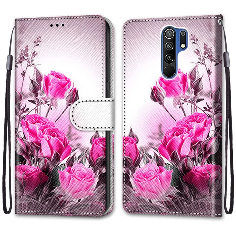 Cross Texture Printing Leather Cover with Strap for Xiaomi Redmi 9 - Flower