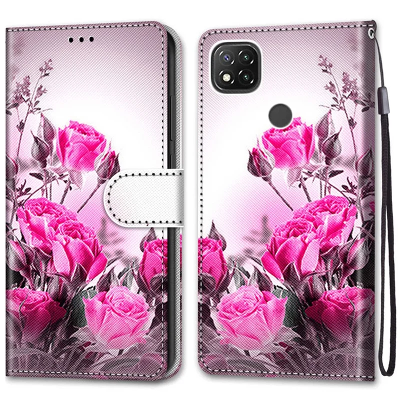 Para Xiaomi Redmi 9C/Redmi 9C NFC Impressão de padrão PU Couro Flip Wallet Case Stand Bookstyle Capa Protetora Magnética - Rosas Selvagens