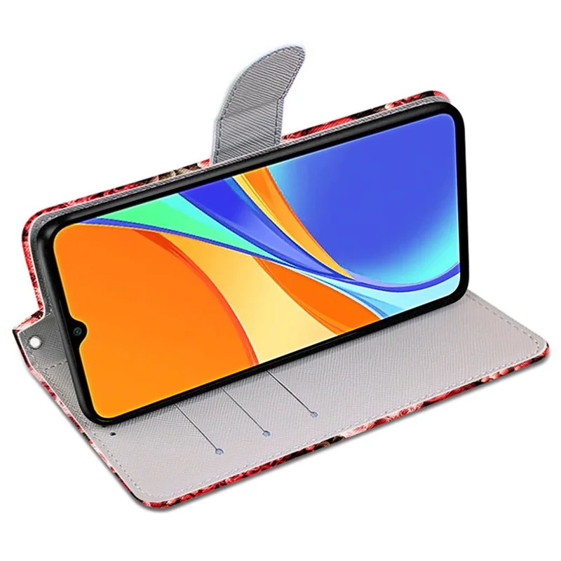 Folia na Xiaomi Redmi 9C/Redmi 9C NFC z nadrukiem, skórzana folia typu flip z portfelem, podstawką, magnetyczna ochronna obudowa w stylu książkowym - różowy ogród róż