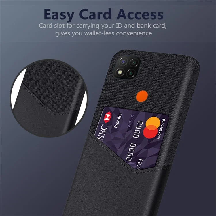 KSQ Card Holder Cloth + PU Leather Coated PC Back Cover for Xiaomi Redmi 9C/Redmi 9C NFC - Black