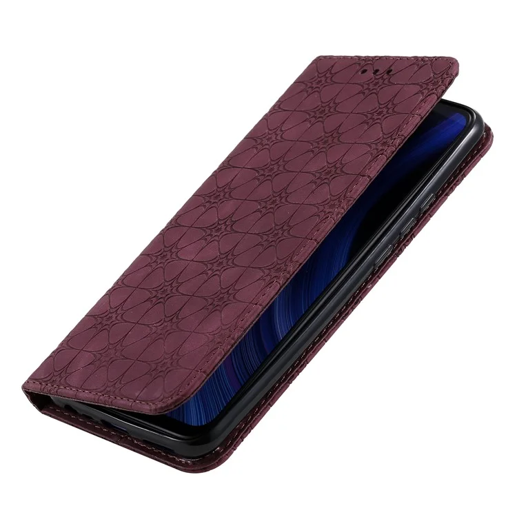 Imprint Flower Texture Cover with Card Slots for Xiaomi Redmi 9 - Wine Red