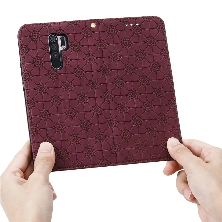 Imprint Flower Texture Cover with Card Slots for Xiaomi Redmi 9 - Wine Red