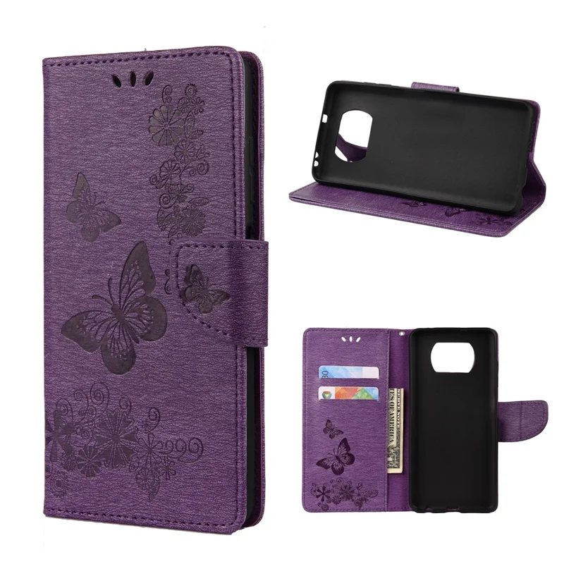 Imprint Butterflies Wallet Stand Flip Leather Phone Cover for Xiaomi Poco X3/Poco X3 NFC - Purple