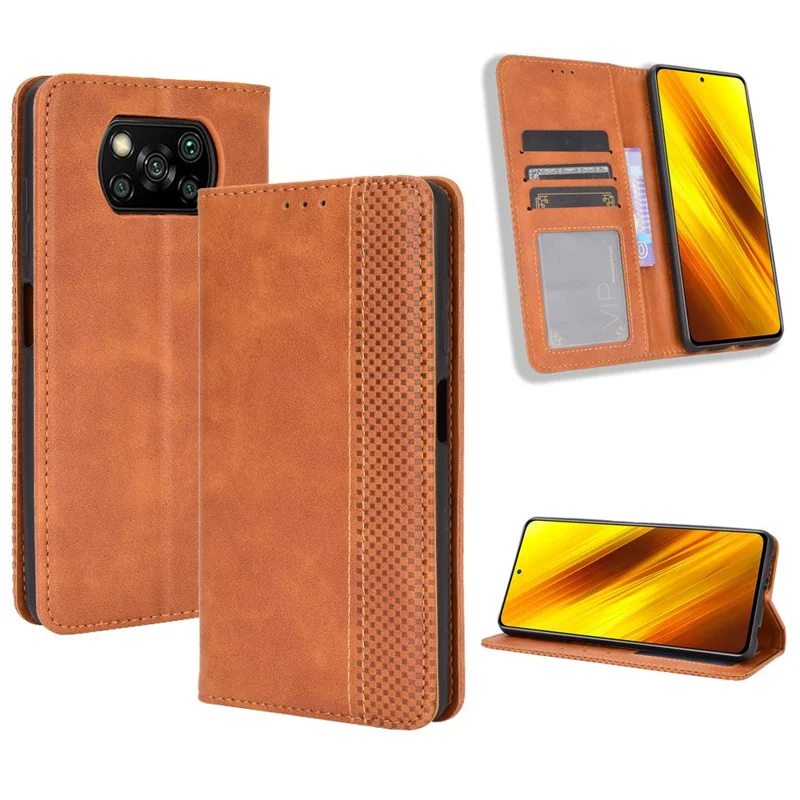 Vintage Style Leather Wallet Case for Xiaomi Poco X3 NFC/Poco X3 - Brown