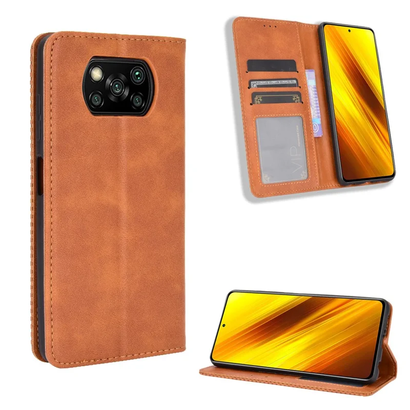 Vintage Style Leather Wallet Case for Xiaomi Poco X3 NFC/Poco X3 - Brown
