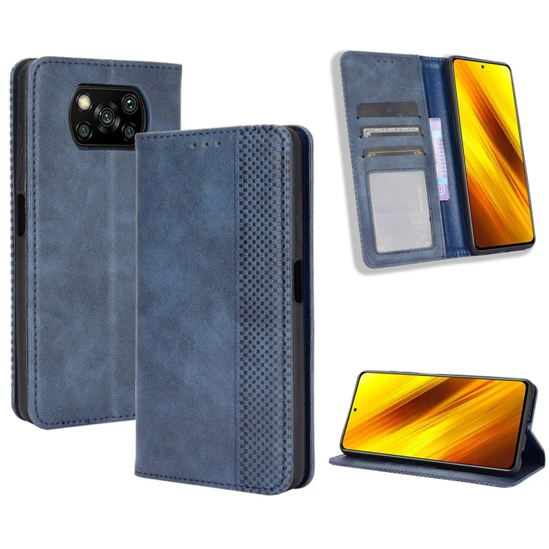 Vintage Style Leather Wallet Case for Xiaomi Poco X3 NFC/Poco X3 - Blue