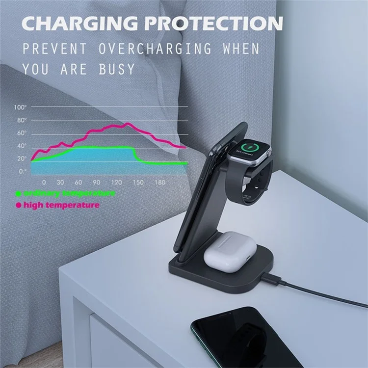 15W 3 in 1 QC 3.0 Vertical Wireless Charger Stand Charging Dock for Mobile Phone/Apple Watch/AirPods - Black