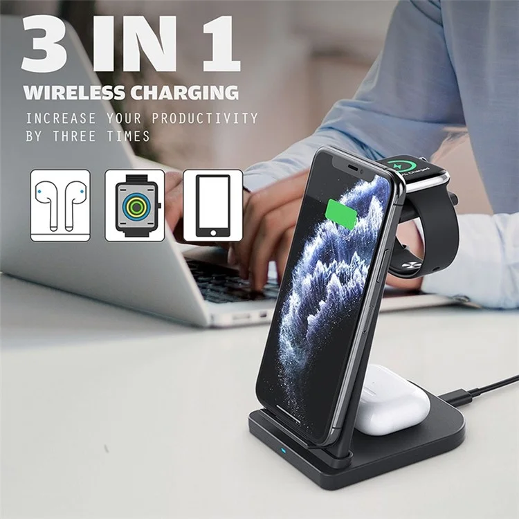 15W 3 in 1 QC 3.0 Vertical Wireless Charger Stand Charging Dock for Mobile Phone/Apple Watch/AirPods - Black