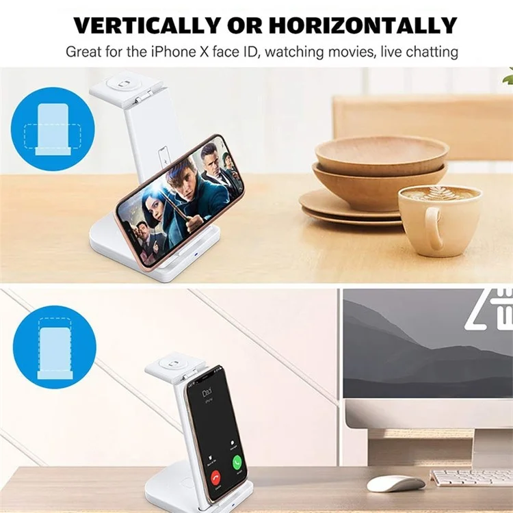 15W 3 in 1 QC 3.0 Vertical Wireless Charger Stand Charging Dock for Mobile Phone/Apple Watch/AirPods - White