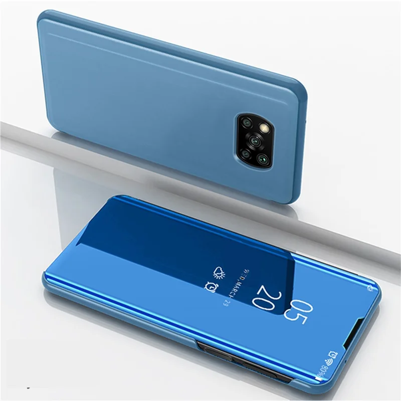 View Window Mirror Surface Leather Flip Phone Cover for Xiaomi Poco X3/Poco X3 NFC Support Wireless Charging - Blue