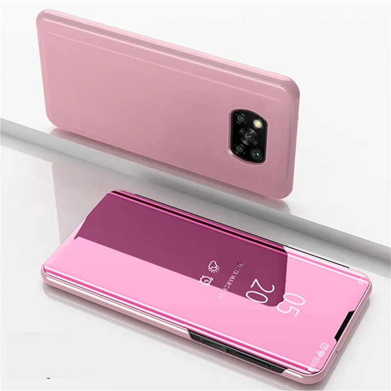 Specchio per auto con superficie in pelle a portafoglio per Xiaomi Poco X3/Poco X3 NFC Supporto per ricarica wireless - Oro rosa