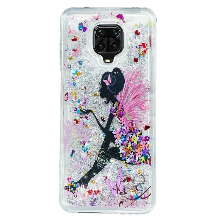 Embossed Pattern Printing Glitter Powder Quicksand TPU Case for Xiaomi Redmi Note 9 Pro Max/Note 9 Pro/Note 9S - Flower Fairy