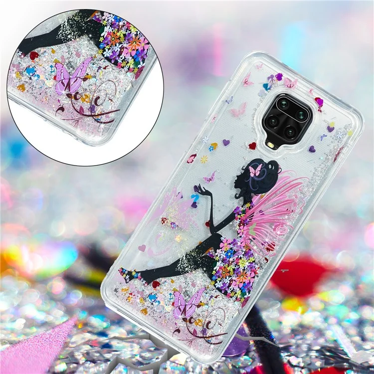 Embossed Pattern Printing Glitter Powder Quicksand TPU Case for Xiaomi Redmi Note 9 Pro Max/Note 9 Pro/Note 9S - Flower Fairy