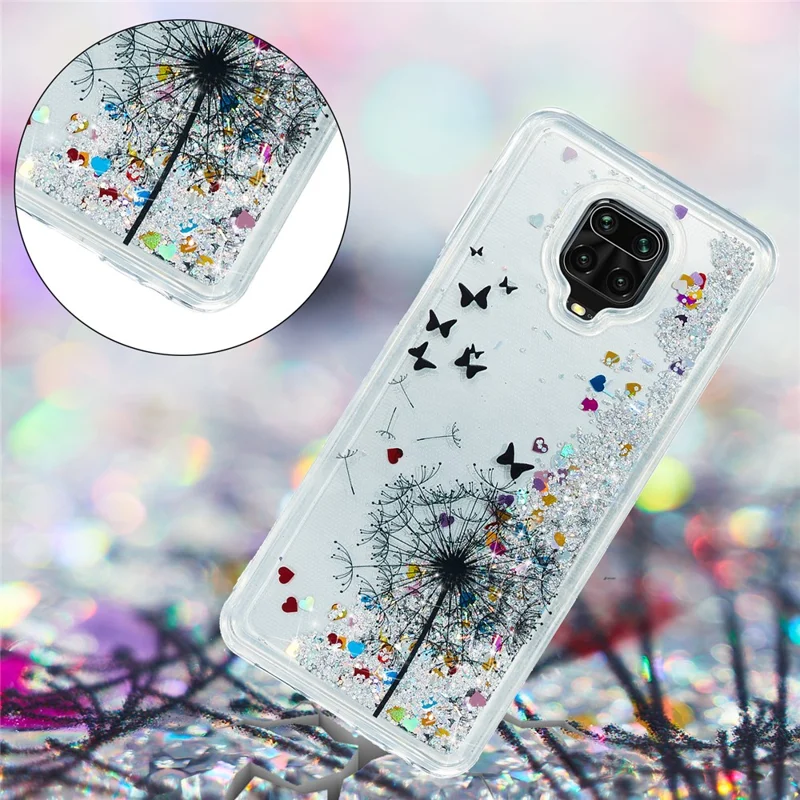 TPU-hoes met reliëfpatroon, glitters, zandlaag voor Xiaomi Redmi Note 9 Pro Max/Note 9 Pro/Note 9S - Paardebloem en vlinder