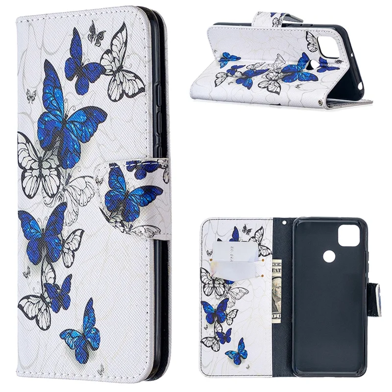 Pattern Printing Case Wallet Stand Leather Cover Protector for Xiaomi Redmi 9C/Redmi 9C NFC - Blue and White Butterfly