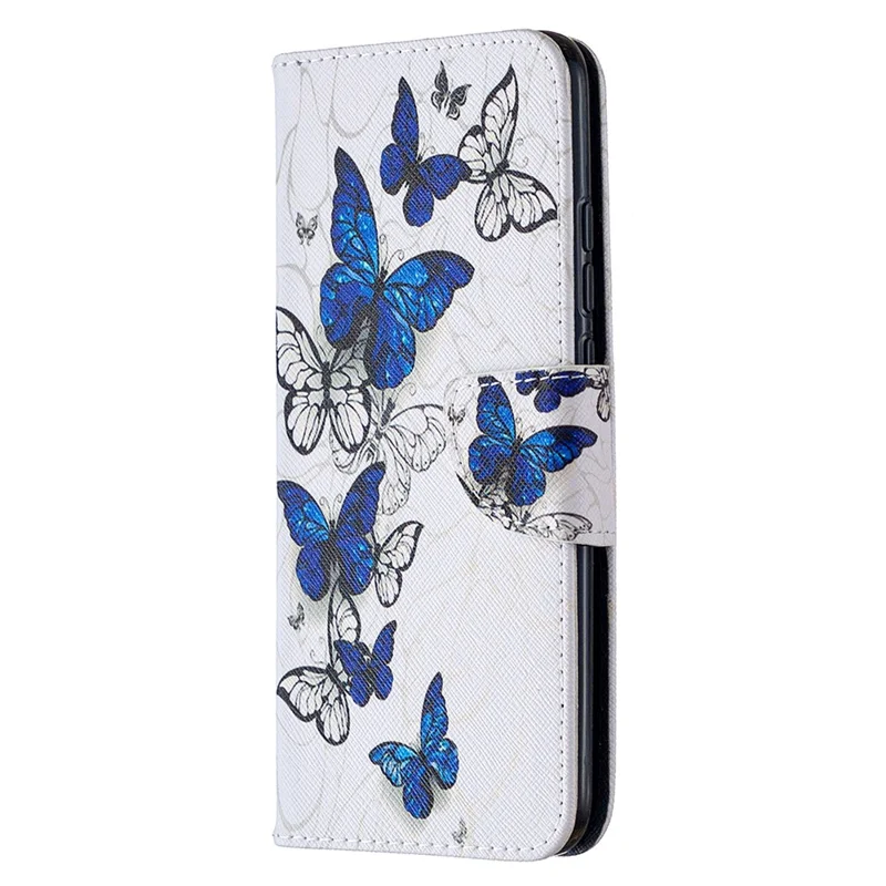 Pattern Printing Case Wallet Stand Leather Cover Protector for Xiaomi Redmi 9C/Redmi 9C NFC - Blue and White Butterfly