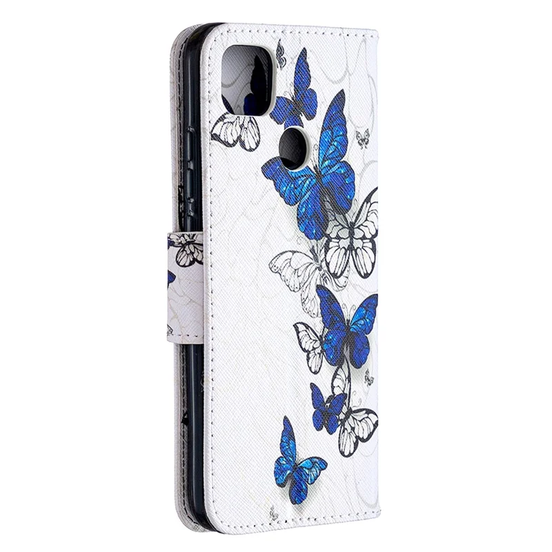 Pattern Printing Case Wallet Stand Leather Cover Protector for Xiaomi Redmi 9C/Redmi 9C NFC - Blue and White Butterfly