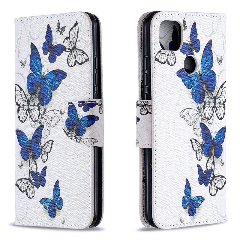 Pattern Printing Case Wallet Stand Leather Cover Protector for Xiaomi Redmi 9C/Redmi 9C NFC - Blue and White Butterfly