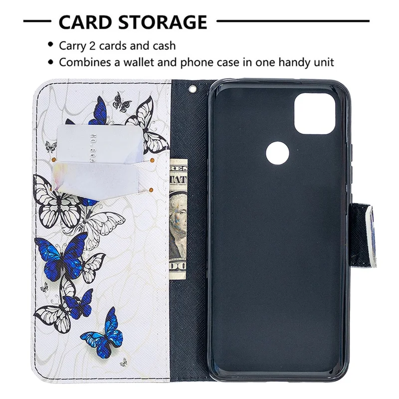 Pattern Printing Case Wallet Stand Leather Cover Protector for Xiaomi Redmi 9C/Redmi 9C NFC - Blue and White Butterfly