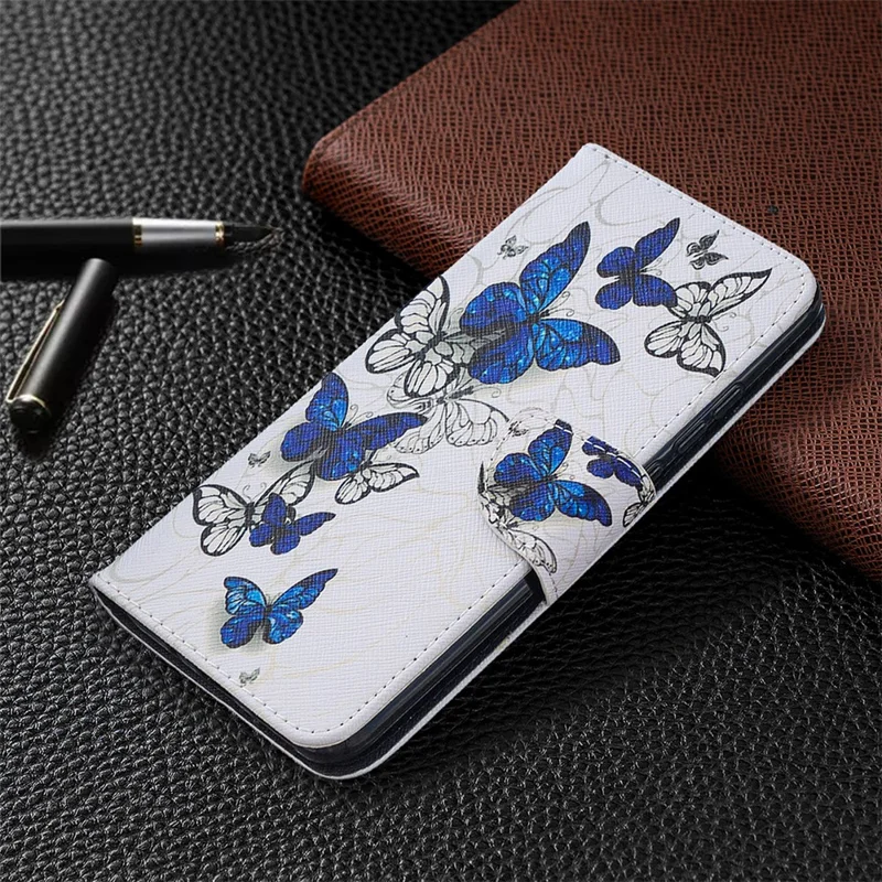 Pattern Printing Case Wallet Stand Leather Cover Protector for Xiaomi Redmi 9C/Redmi 9C NFC - Blue and White Butterfly