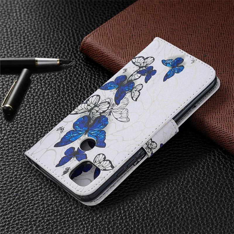 Pattern Printing Case Wallet Stand Leather Cover Protector for Xiaomi Redmi 9C/Redmi 9C NFC - Blue and White Butterfly
