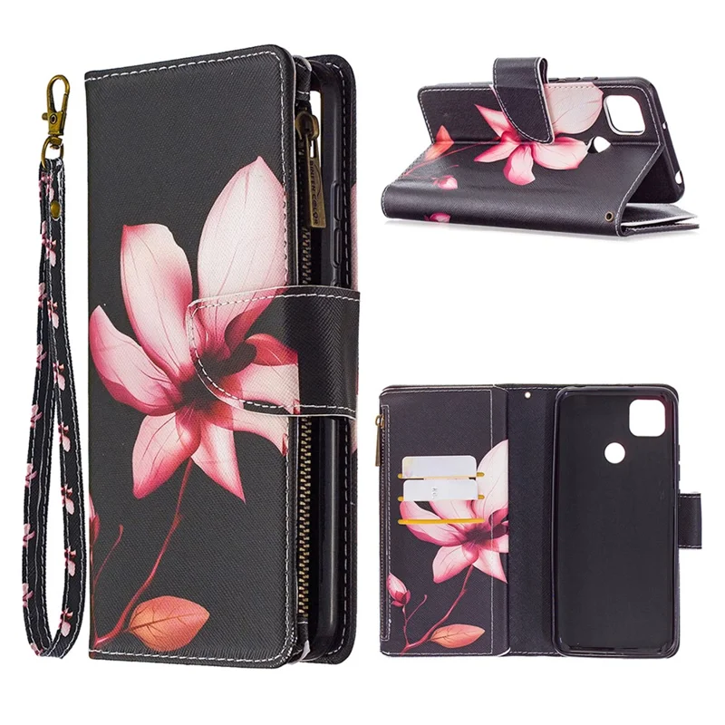 Pattern Printing Case Wallet Stand Leather Cover Protector for Xiaomi Redmi 9C / Redmi 9C NFC - Pink Flower