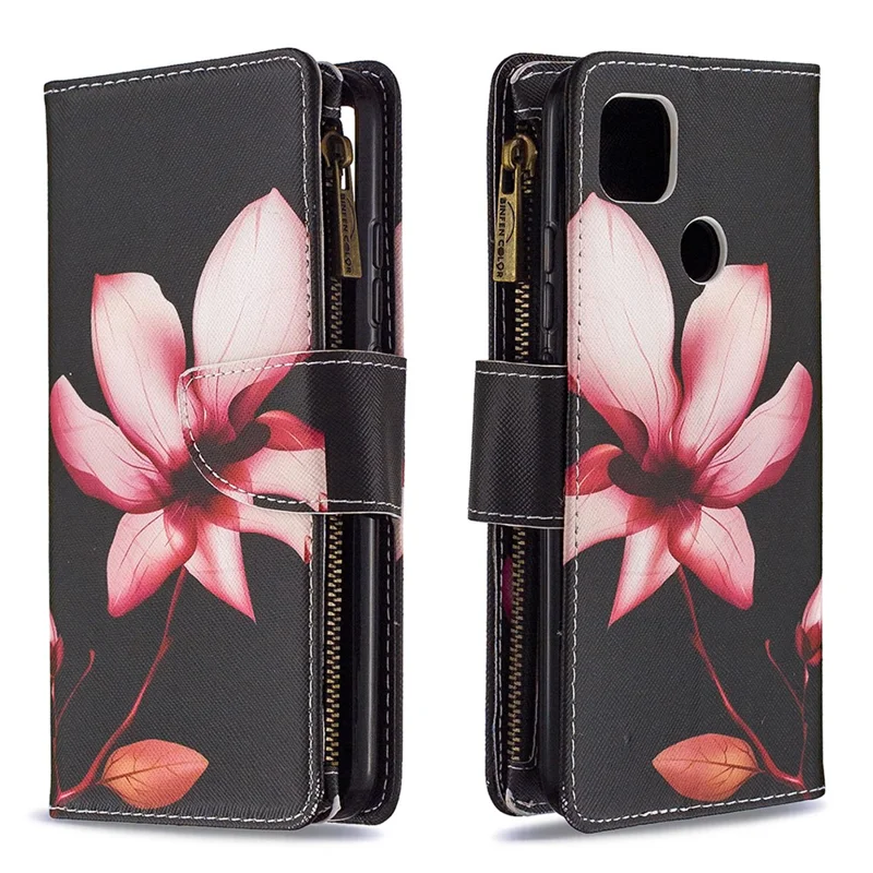 Pattern Printing Case Wallet Stand Leather Cover Protector for Xiaomi Redmi 9C / Redmi 9C NFC - Pink Flower
