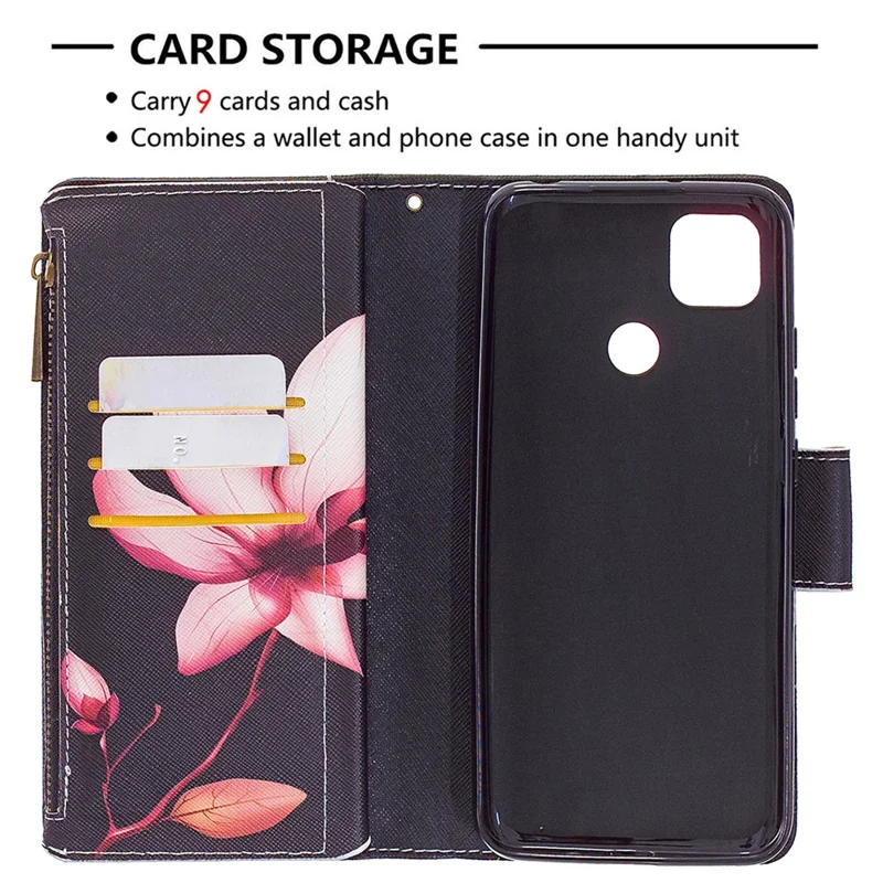Pattern Printing Case Wallet Stand Leather Cover Protector for Xiaomi Redmi 9C / Redmi 9C NFC - Pink Flower