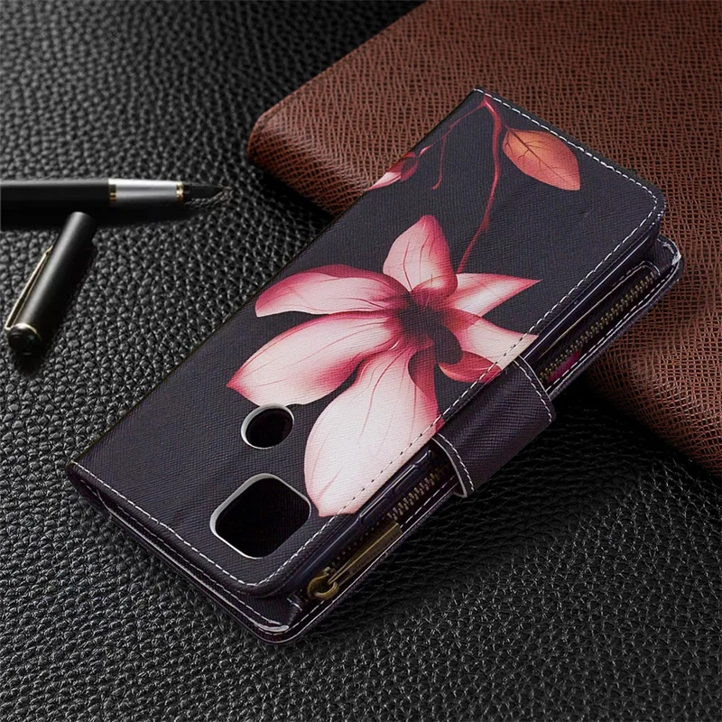 Pattern Printing Case Wallet Stand Leather Cover Protector for Xiaomi Redmi 9C / Redmi 9C NFC - Pink Flower